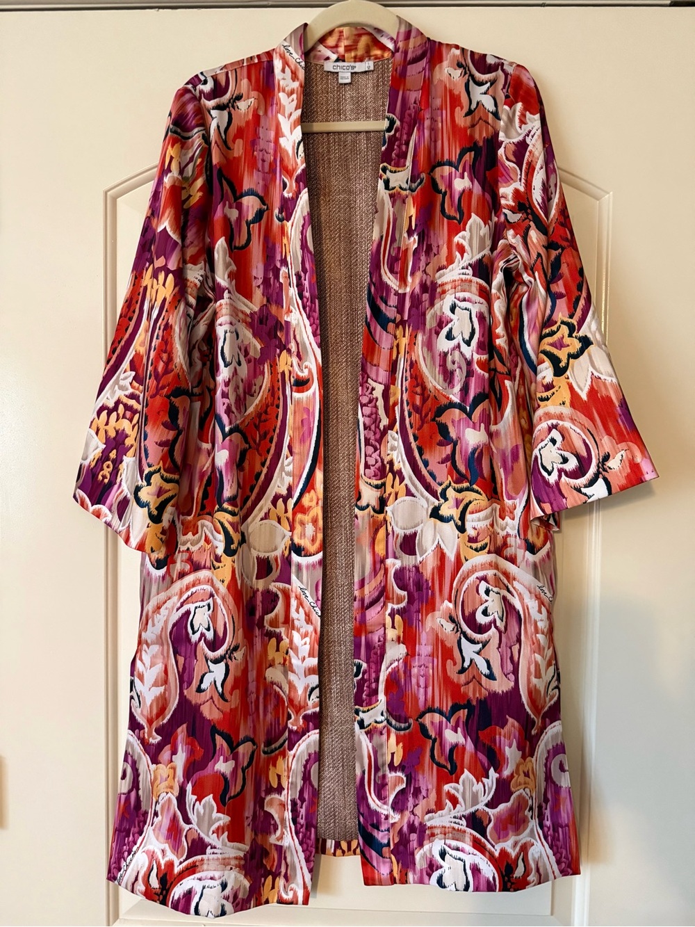 Chico's Floral-Paisley Open-Front Long Cardigan in Pink, Purple & Orange